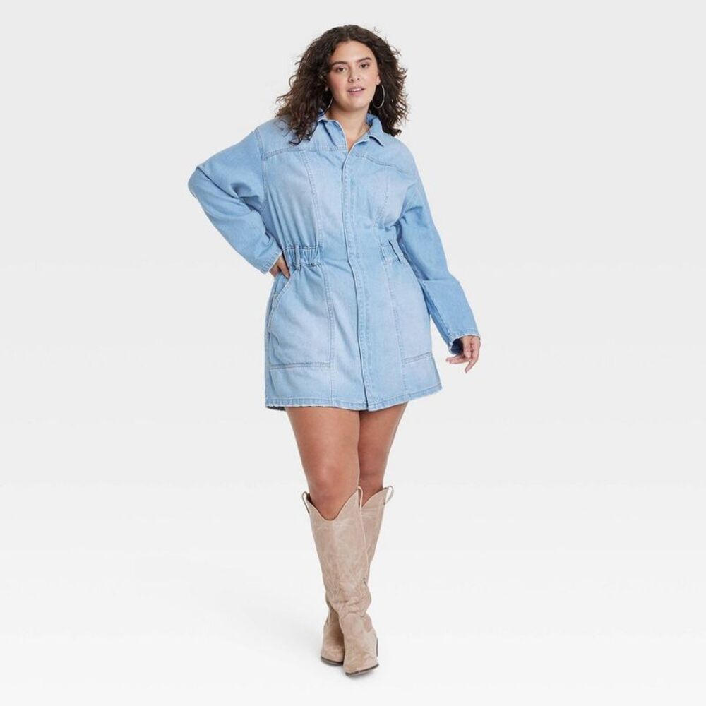 Universal Thread - Women's Long Sleeve Denim Shirtdress - Universal T Light Wash
